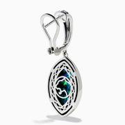 The 925 Sterling Silver Abalone Dangle Earrings feature ornate engraved tops and dangling marquise-shaped abalone shells bordered with silver beads, showcasing iridescent blue, green, and purple hues.