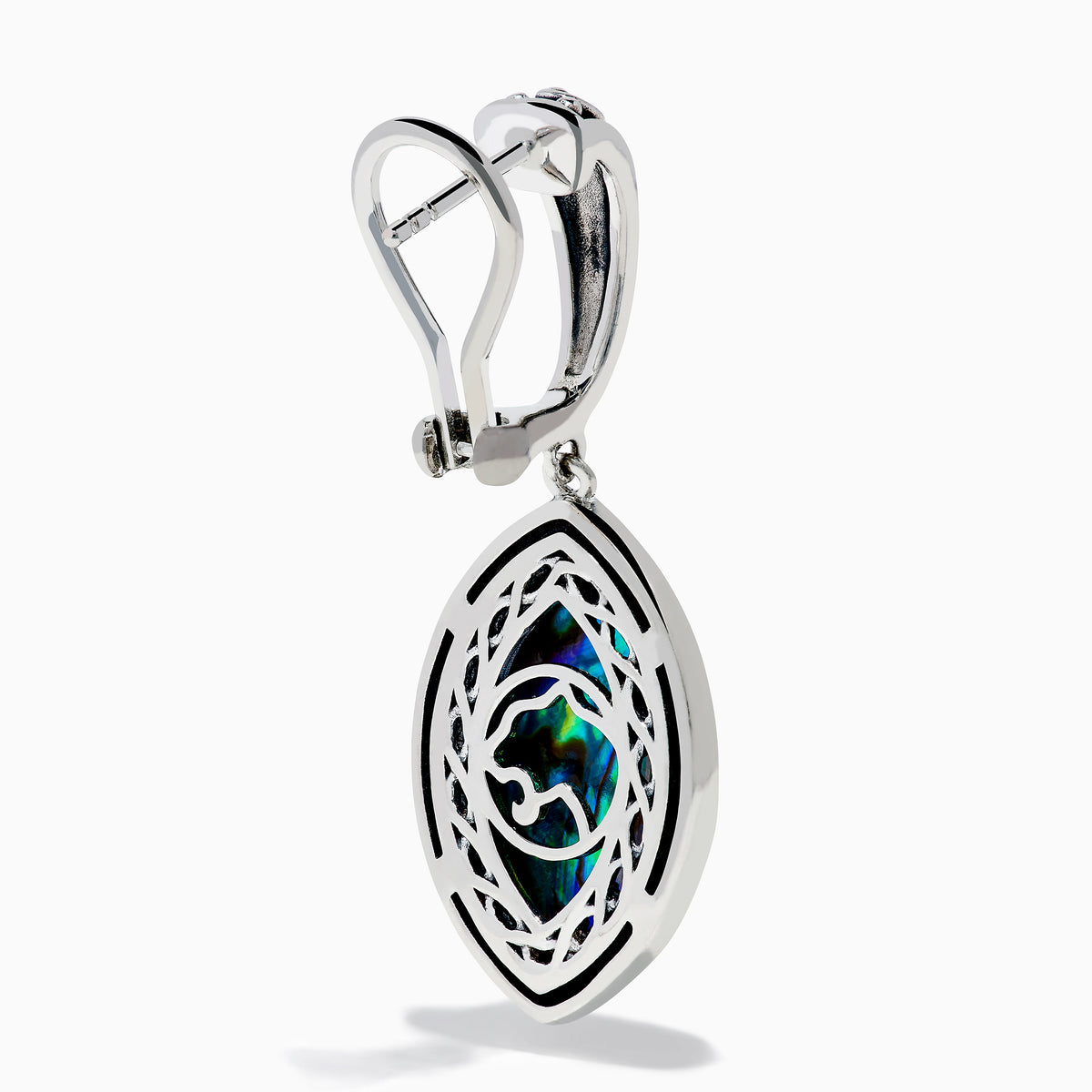 The 925 Sterling Silver Abalone Dangle Earrings feature ornate engraved tops and dangling marquise-shaped abalone shells bordered with silver beads, showcasing iridescent blue, green, and purple hues.