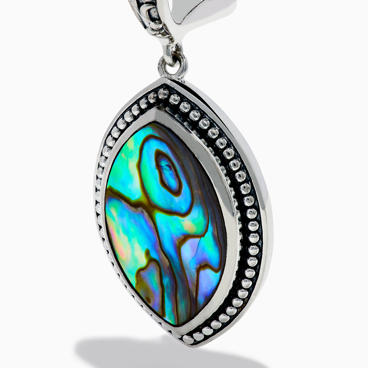 The 925 Sterling Silver Abalone Dangle Earrings feature ornate engraved tops and dangling marquise-shaped abalone shells bordered with silver beads, showcasing iridescent blue, green, and purple hues.