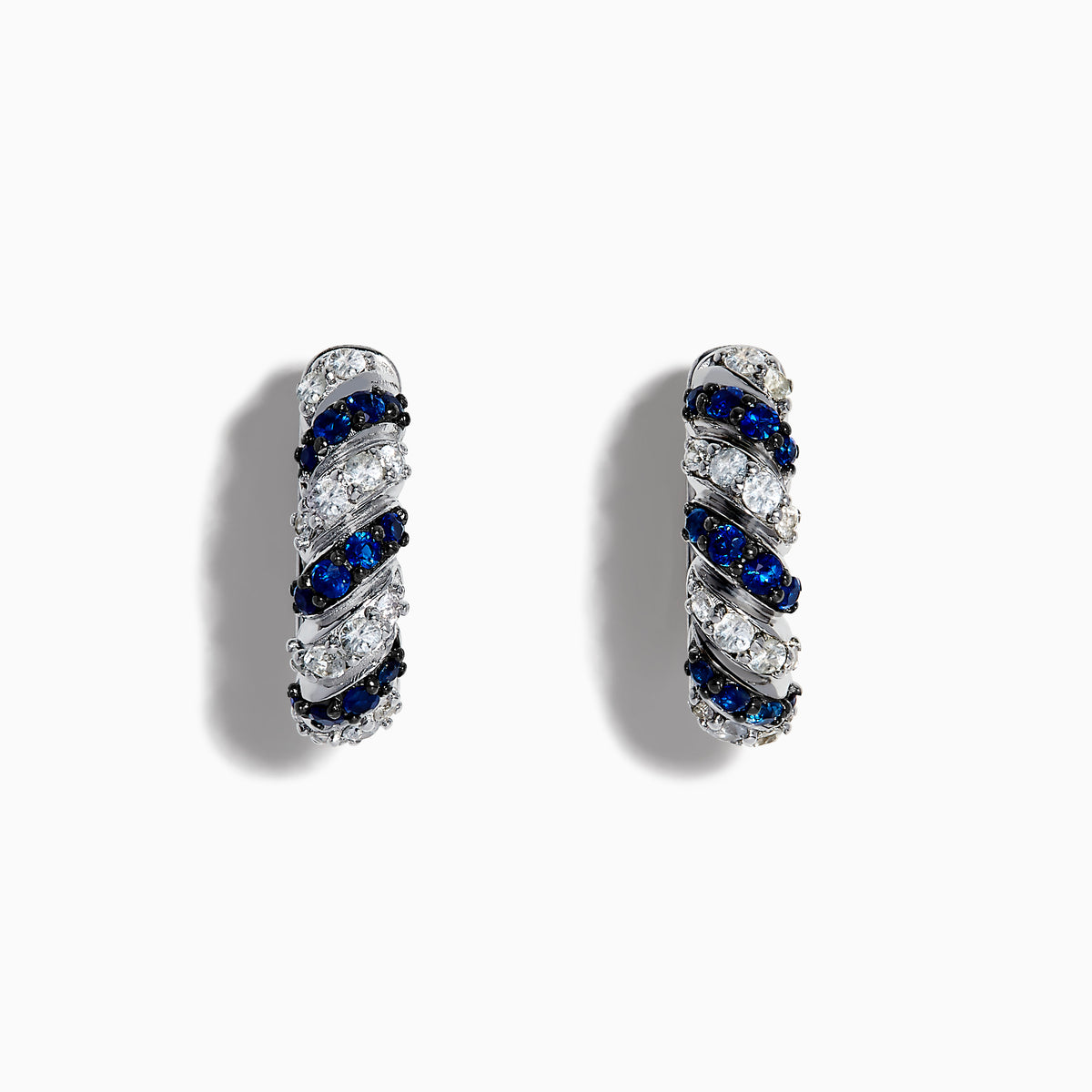925 Sterling Silver Blue and White Sapphire Earrings featuring alternating diagonal bands of blue and clear stones, similar to blue sapphire earrings, shown against a plain white background.