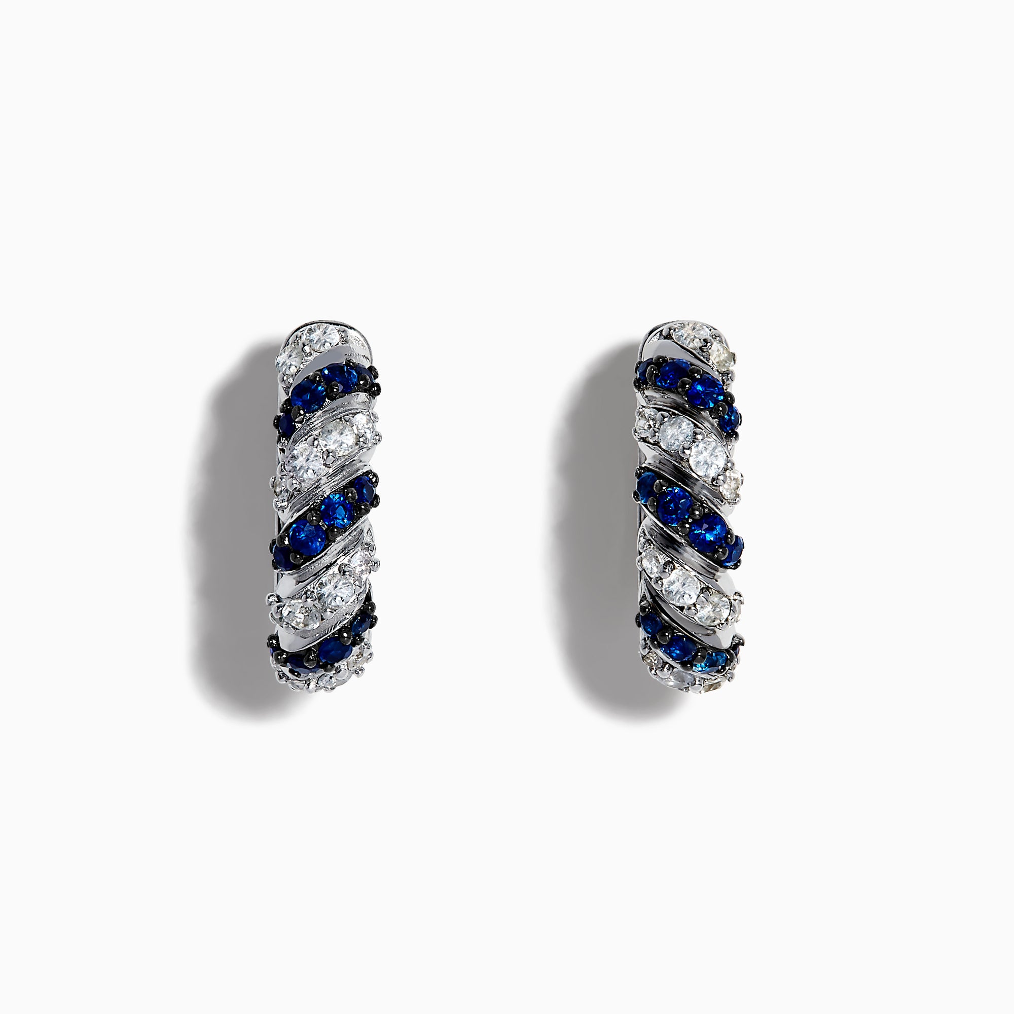 925 Sterling Silver Blue and White Sapphire Earrings featuring alternating diagonal bands of blue and clear stones, similar to blue sapphire earrings, shown against a plain white background.