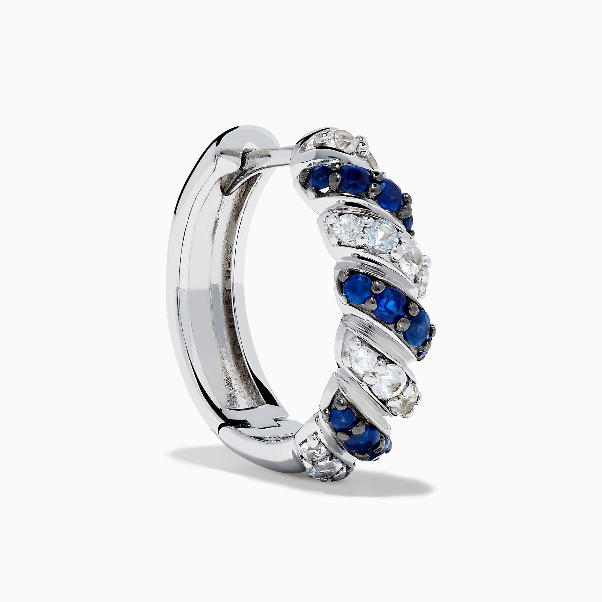925 Sterling Silver Blue and White Sapphire Earrings featuring alternating diagonal bands of blue and clear stones, similar to blue sapphire earrings, shown against a plain white background.