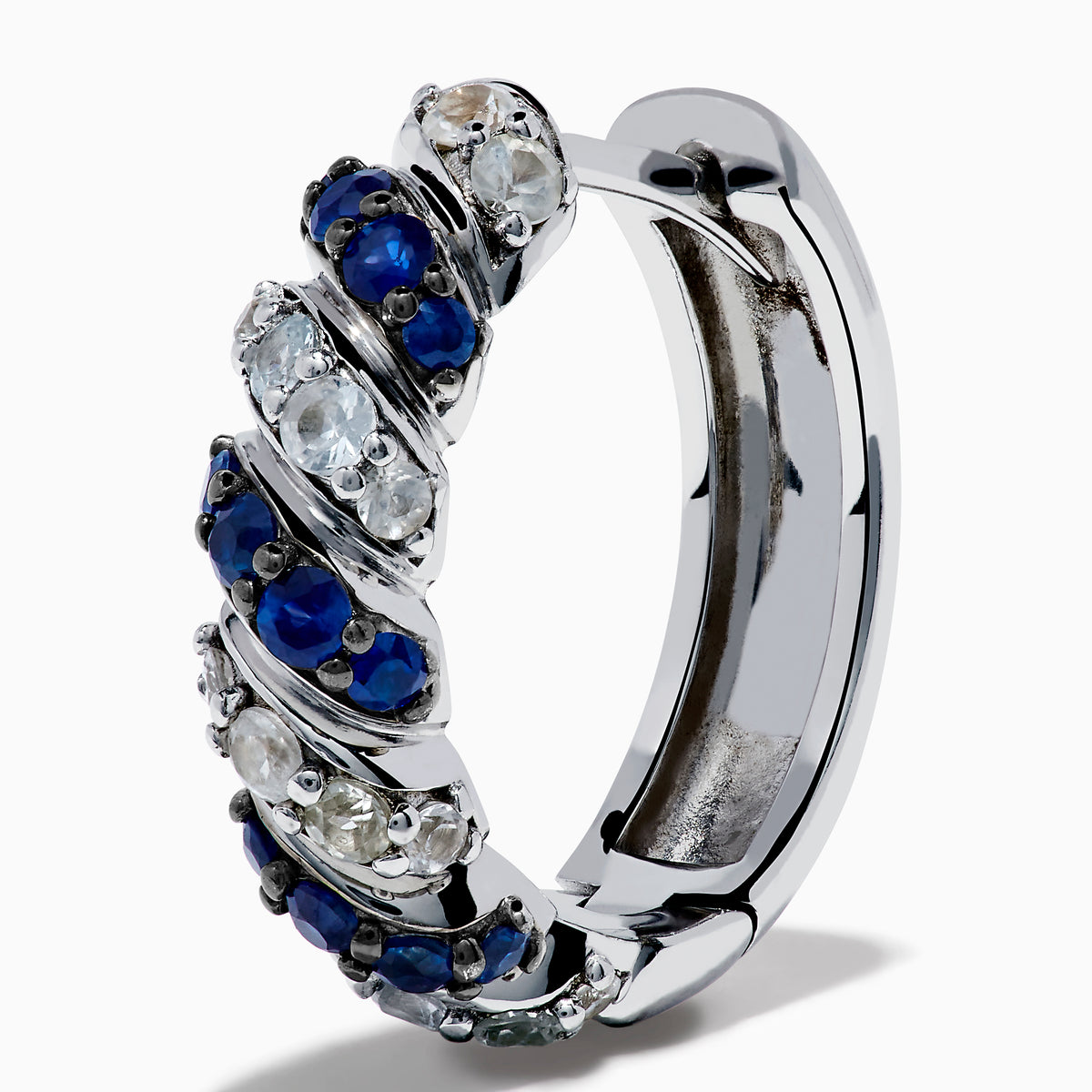 925 Sterling Silver Blue and White Sapphire Earrings featuring alternating diagonal bands of blue and clear stones, similar to blue sapphire earrings, shown against a plain white background.