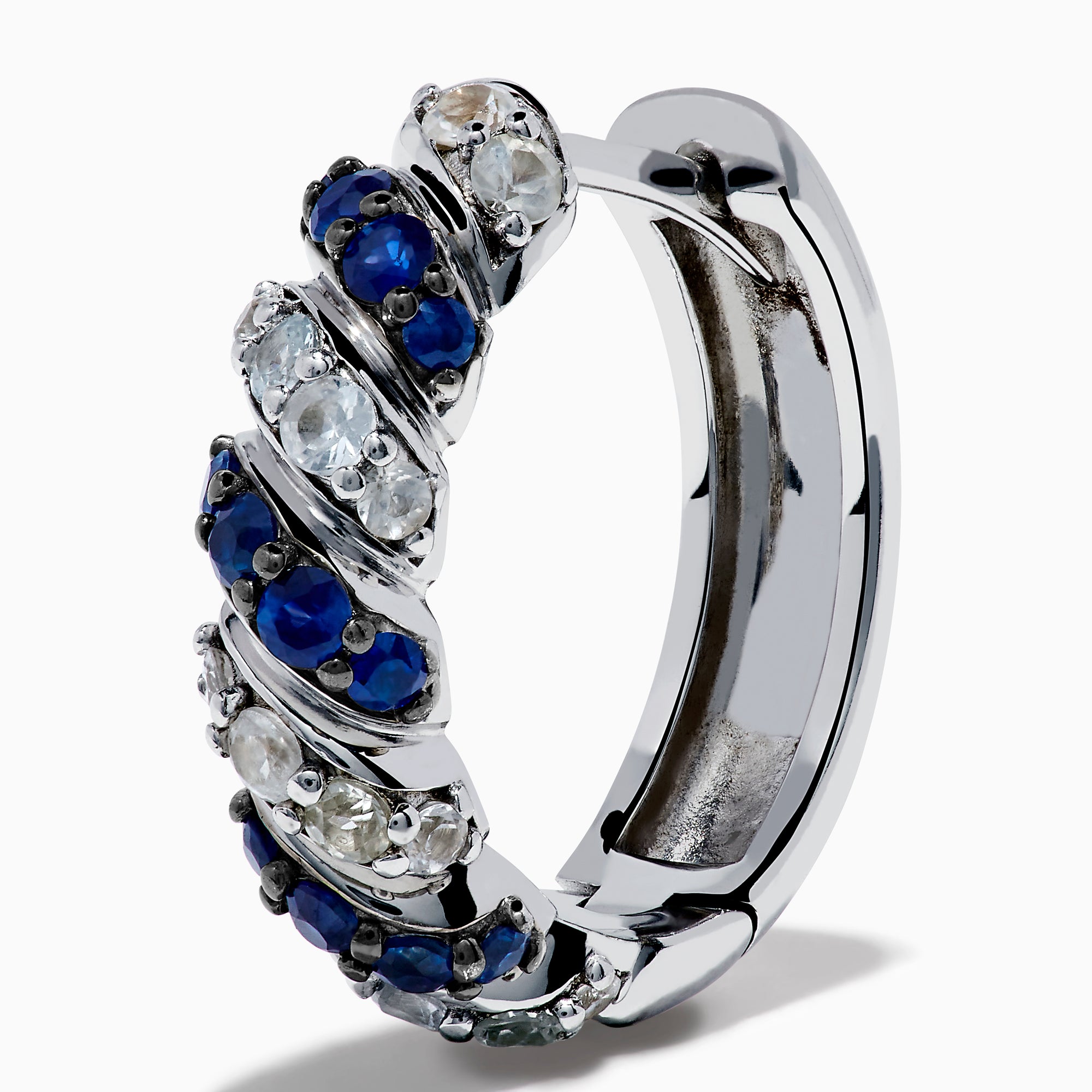 925 Sterling Silver Blue and White Sapphire Earrings featuring alternating diagonal bands of blue and clear stones, similar to blue sapphire earrings, shown against a plain white background.