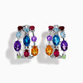 The Mosaic 925 Sterling Silver Multi Colored Gem Hoop Earrings feature three rows of vibrant blue, purple, red, orange, and green gemstones on each hoop, set against a white background.