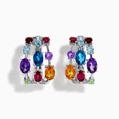 The Mosaic 925 Sterling Silver Multi Colored Gem Hoop Earrings feature three rows of vibrant blue, purple, red, orange, and green gemstones on each hoop, set against a white background.