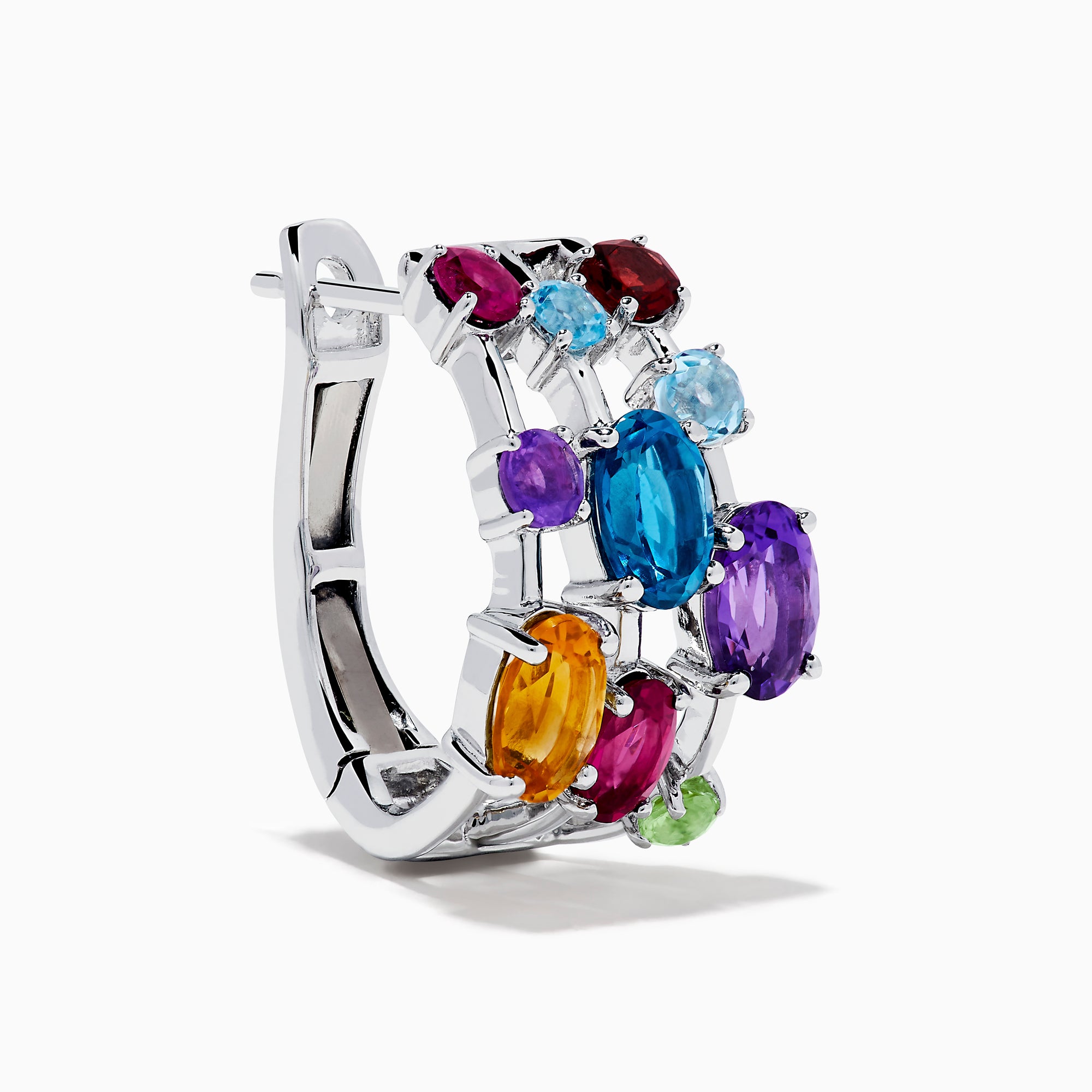 The Mosaic 925 Sterling Silver Multi Colored Gem Hoop Earrings feature three rows of vibrant blue, purple, red, orange, and green gemstones on each hoop, set against a white background.