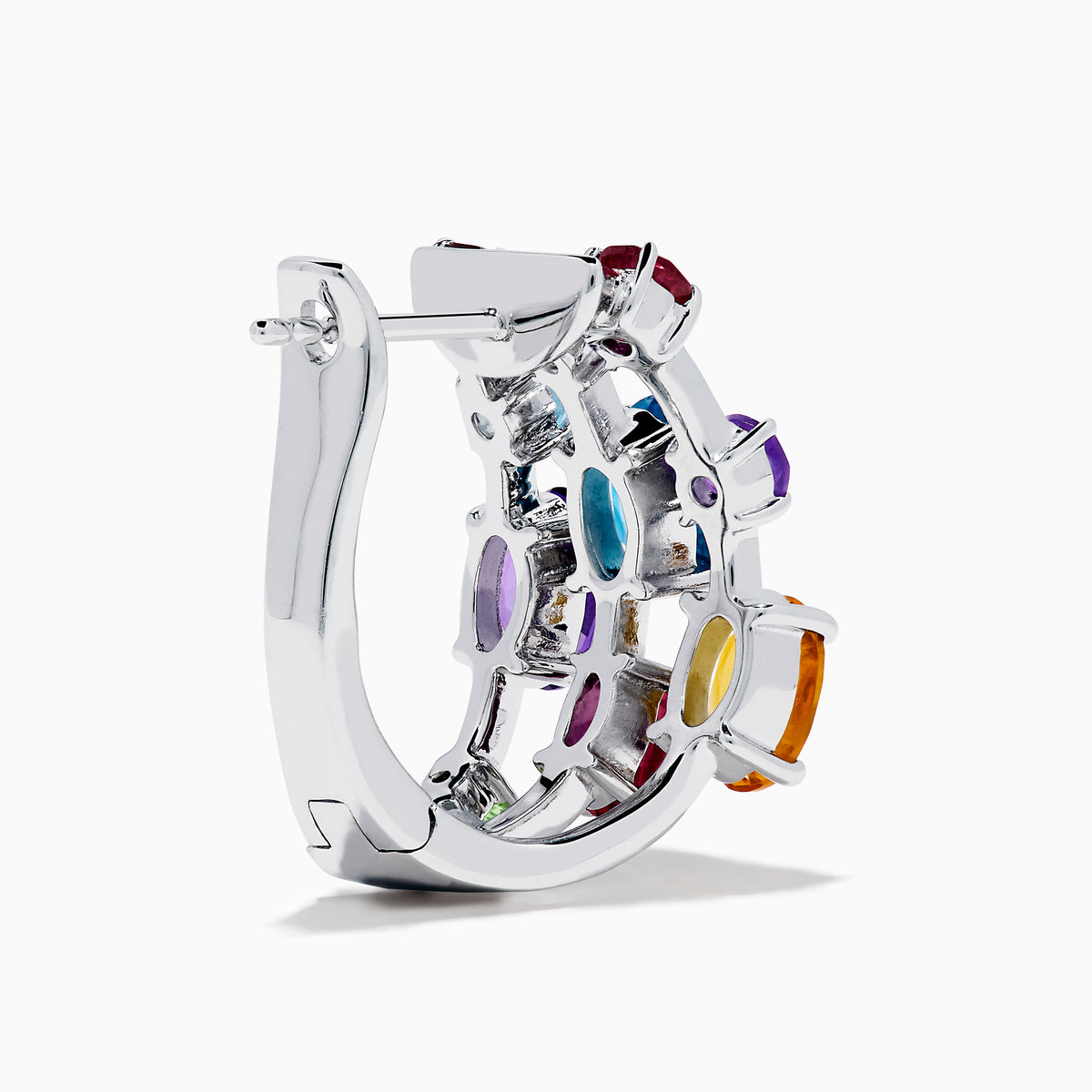 The Mosaic 925 Sterling Silver Multi Colored Gem Hoop Earrings feature three rows of vibrant blue, purple, red, orange, and green gemstones on each hoop, set against a white background.