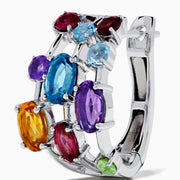 The Mosaic 925 Sterling Silver Multi Colored Gem Hoop Earrings feature three rows of vibrant blue, purple, red, orange, and green gemstones on each hoop, set against a white background.