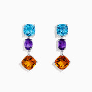 The Mosaic 925 Sterling Silver Multi Gemstone Earrings each feature three gems—a blue stone on top, a purple center, and a larger orange stone below—set in sterling silver.