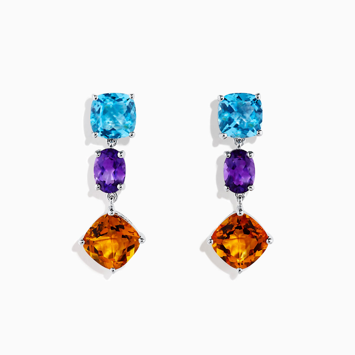 The Mosaic 925 Sterling Silver Multi Gemstone Earrings each feature three gems—a blue stone on top, a purple center, and a larger orange stone below—set in sterling silver.