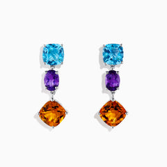 The Mosaic 925 Sterling Silver Multi Gemstone Earrings each feature three gems—a blue stone on top, a purple center, and a larger orange stone below—set in sterling silver.
