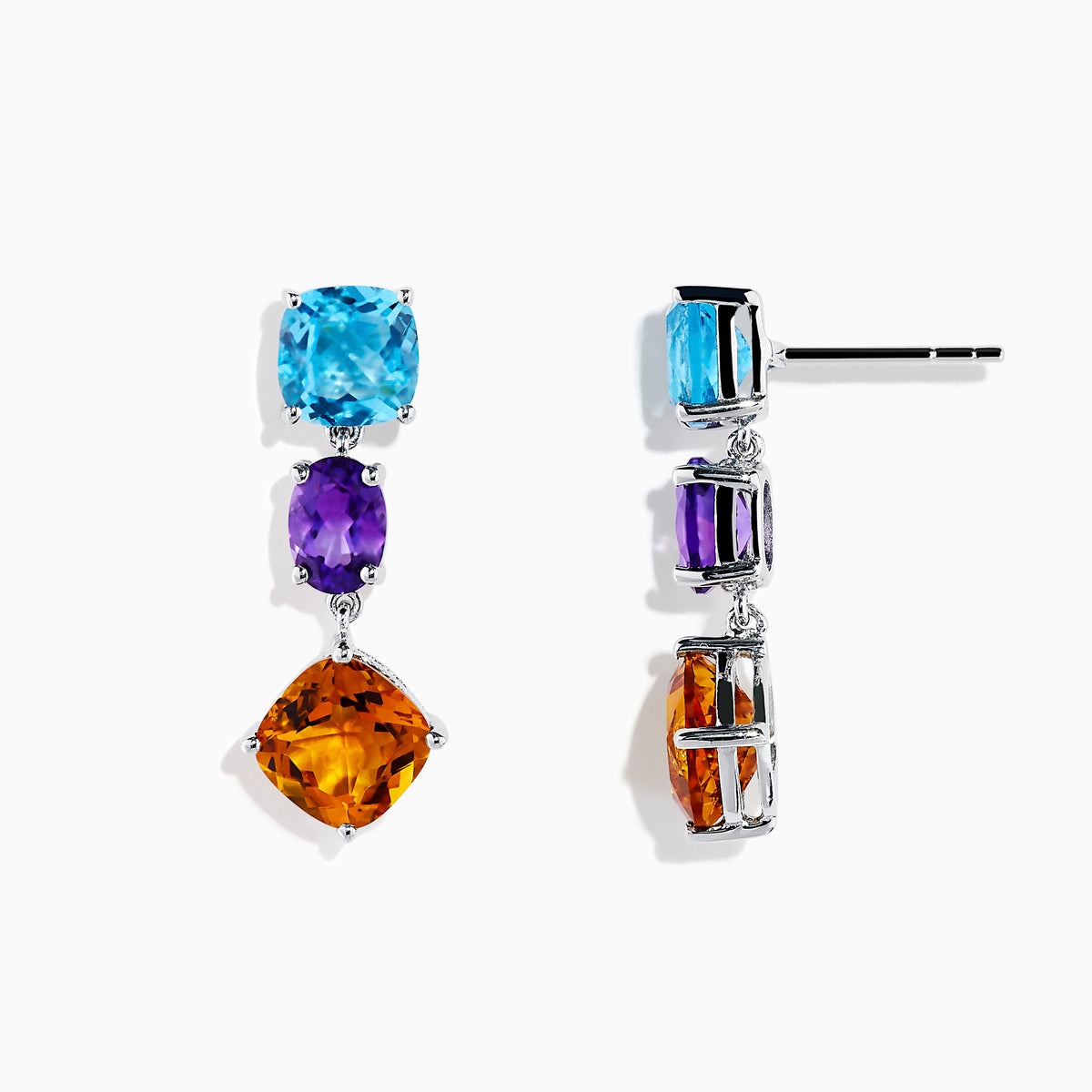 The Mosaic 925 Sterling Silver Multi Gemstone Earrings each feature three gems—a blue stone on top, a purple center, and a larger orange stone below—set in sterling silver.