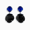 925 Sterling Silver Lapis Lazuli and Onyx Drop Earrings feature small round blue lapis lazuli stones at the top and larger black onyx stones below, both set in sterling silver prongs against a white background.