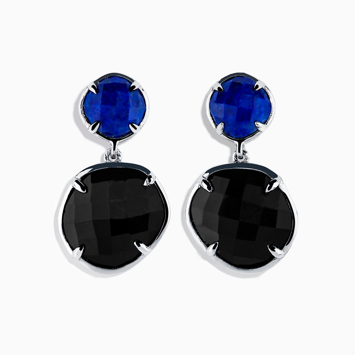 925 Sterling Silver Lapis Lazuli and Onyx Drop Earrings feature small round blue lapis lazuli stones at the top and larger black onyx stones below, both set in sterling silver prongs against a white background.