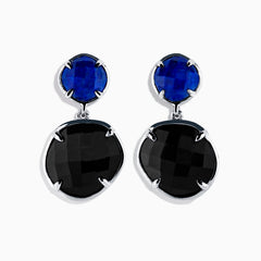 925 Sterling Silver Lapis Lazuli and Onyx Drop Earrings feature small round blue lapis lazuli stones at the top and larger black onyx stones below, both set in sterling silver prongs against a white background.