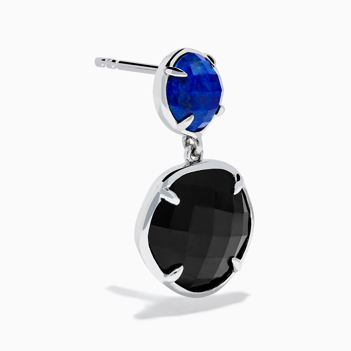 925 Sterling Silver Lapis Lazuli and Onyx Drop Earrings feature small round blue lapis lazuli stones at the top and larger black onyx stones below, both set in sterling silver prongs against a white background.