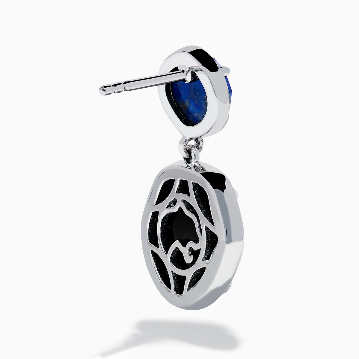 925 Sterling Silver Lapis Lazuli and Onyx Drop Earrings feature small round blue lapis lazuli stones at the top and larger black onyx stones below, both set in sterling silver prongs against a white background.