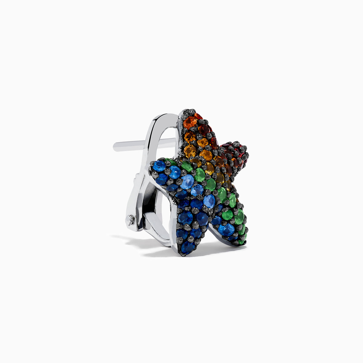 The Seaside 925 Sterling Silver Multi Color Sapphire Starfish Earrings feature star-shaped studs encrusted with sapphire gemstones in blue, green, orange, red, and yellow set in dark metal.