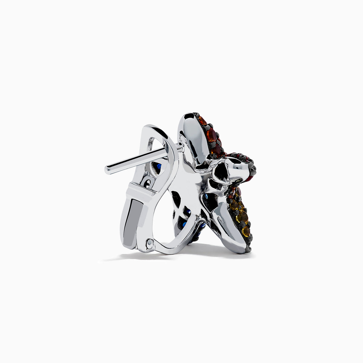 The Seaside 925 Sterling Silver Multi Color Sapphire Starfish Earrings feature star-shaped studs encrusted with sapphire gemstones in blue, green, orange, red, and yellow set in dark metal.