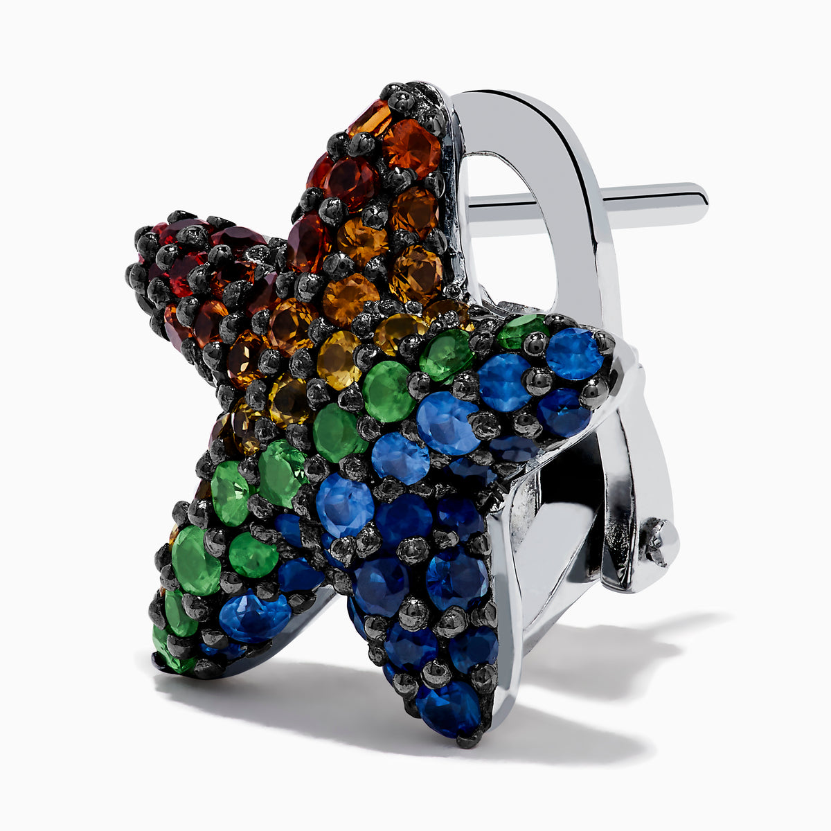The Seaside 925 Sterling Silver Multi Color Sapphire Starfish Earrings feature star-shaped studs encrusted with sapphire gemstones in blue, green, orange, red, and yellow set in dark metal.