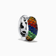 The 925 Sterling Silver Multi Color Sapphire Huggie Earrings feature small sapphires in yellow, orange, blue, green, and red, set in a gradient pattern against a white background.