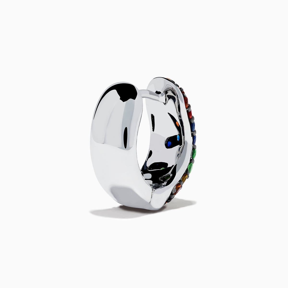 The 925 Sterling Silver Multi Color Sapphire Huggie Earrings feature small sapphires in yellow, orange, blue, green, and red, set in a gradient pattern against a white background.