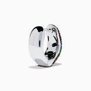 The 925 Sterling Silver Multi Color Sapphire Huggie Earrings feature small sapphires in yellow, orange, blue, green, and red, set in a gradient pattern against a white background.