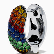 The 925 Sterling Silver Multi Color Sapphire Huggie Earrings feature small sapphires in yellow, orange, blue, green, and red, set in a gradient pattern against a white background.