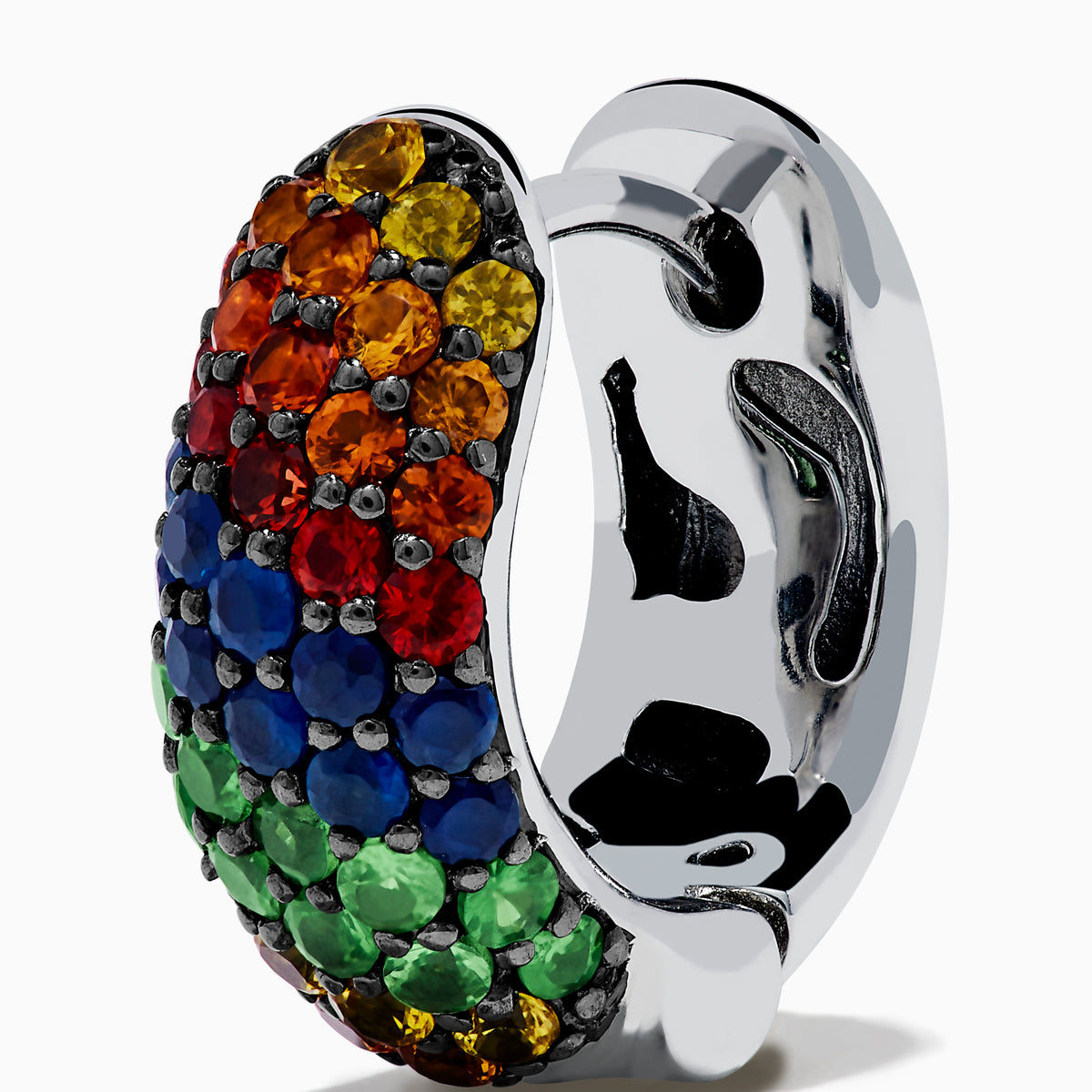 The 925 Sterling Silver Multi Color Sapphire Huggie Earrings feature small sapphires in yellow, orange, blue, green, and red, set in a gradient pattern against a white background.