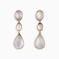 Elegant drop earrings in 14K rose gold featuring faceted quartz crystal, rose quartz, and pink mother-of-pearl stones with oval and teardrop shapes. The stones display a soft, iridescent sheen.