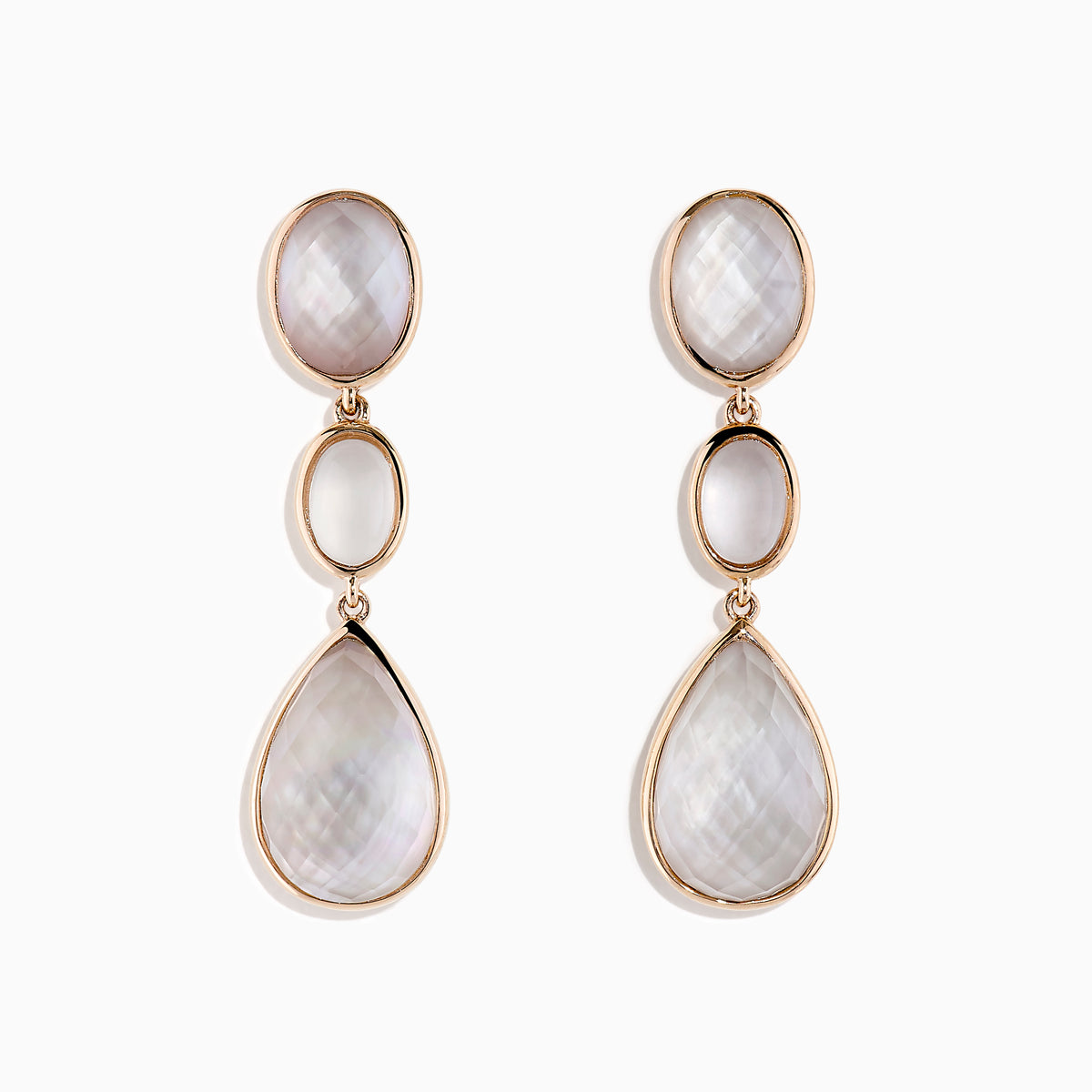 Elegant drop earrings in 14K rose gold featuring faceted quartz crystal, rose quartz, and pink mother-of-pearl stones with oval and teardrop shapes. The stones display a soft, iridescent sheen.