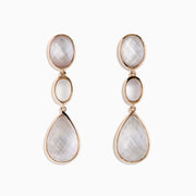 Elegant drop earrings in 14K rose gold featuring faceted quartz crystal, rose quartz, and pink mother-of-pearl stones with oval and teardrop shapes. The stones display a soft, iridescent sheen.