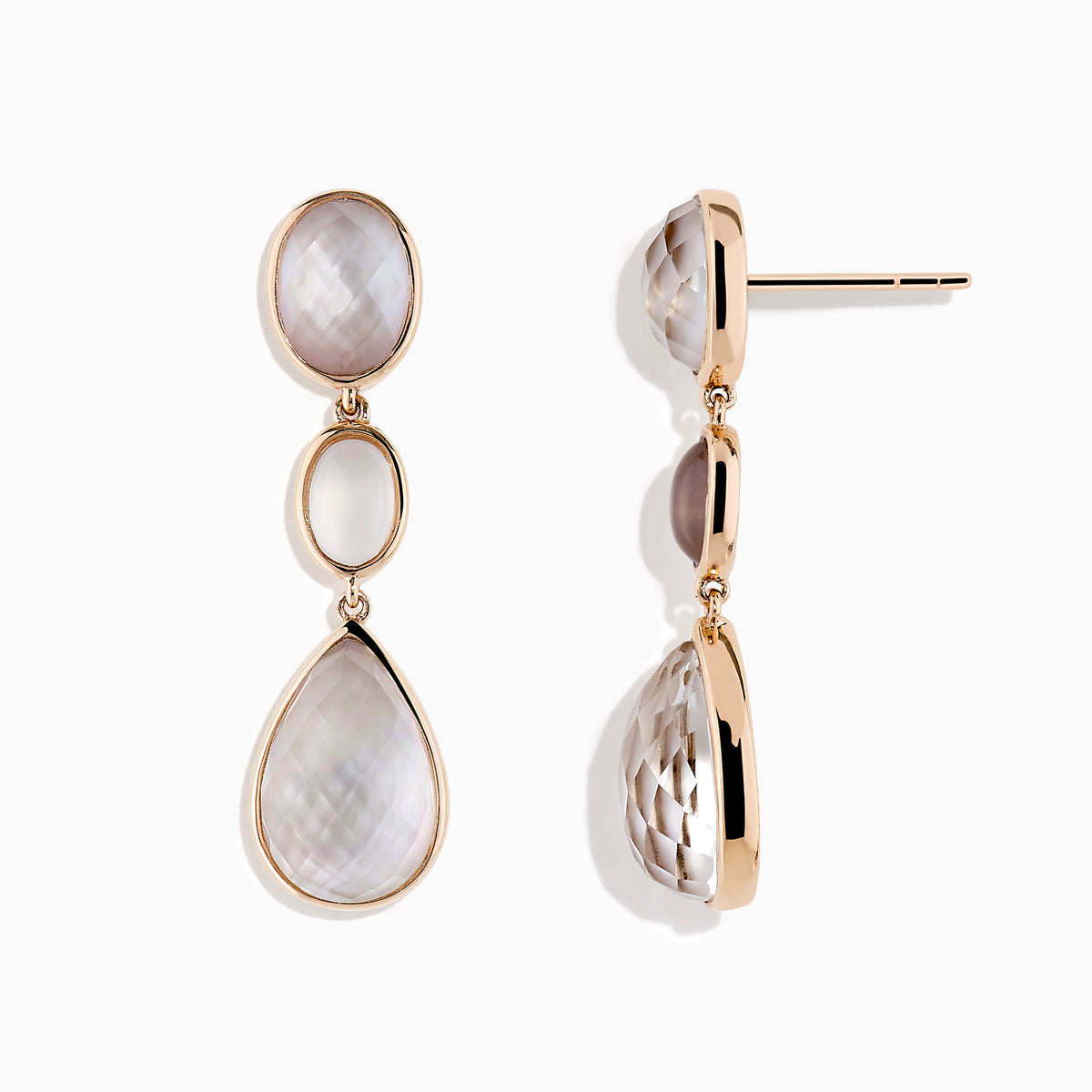 Elegant drop earrings in 14K rose gold featuring faceted quartz crystal, rose quartz, and pink mother-of-pearl stones with oval and teardrop shapes. The stones display a soft, iridescent sheen.