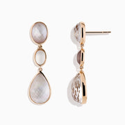 Elegant drop earrings in 14K rose gold featuring faceted quartz crystal, rose quartz, and pink mother-of-pearl stones with oval and teardrop shapes. The stones display a soft, iridescent sheen.