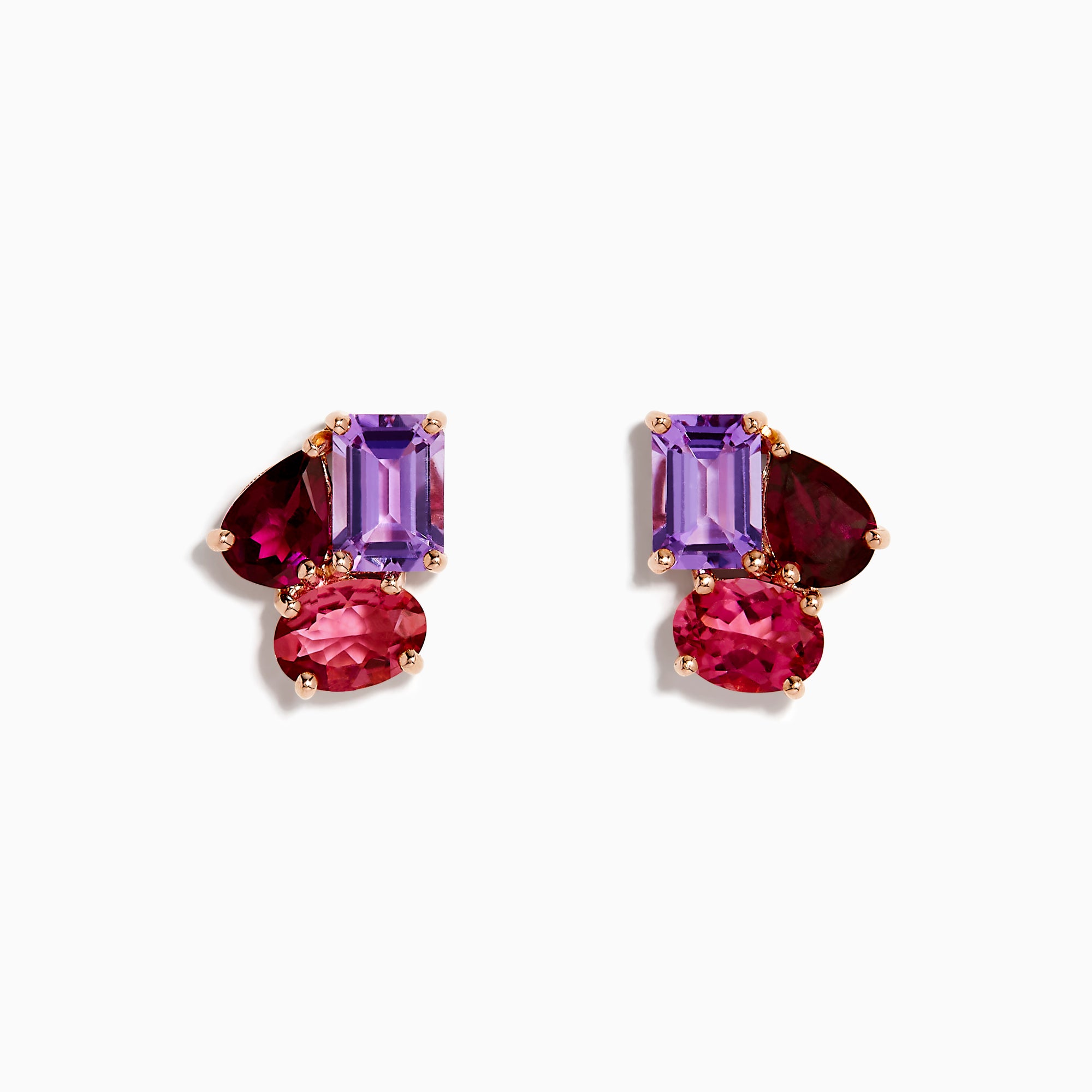 The 14K Rose Gold Pink Amethyst, Tourmaline & Rhodolite Stud Earrings feature rectangular pink amethysts, oval tourmalines, and teardrop rhodolites set in gold prongs in an elegant cluster design.