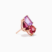 The 14K Rose Gold Pink Amethyst, Tourmaline & Rhodolite Stud Earrings feature rectangular pink amethysts, oval tourmalines, and teardrop rhodolites set in gold prongs in an elegant cluster design.