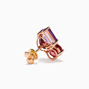 The 14K Rose Gold Pink Amethyst, Tourmaline & Rhodolite Stud Earrings feature rectangular pink amethysts, oval tourmalines, and teardrop rhodolites set in gold prongs in an elegant cluster design.
