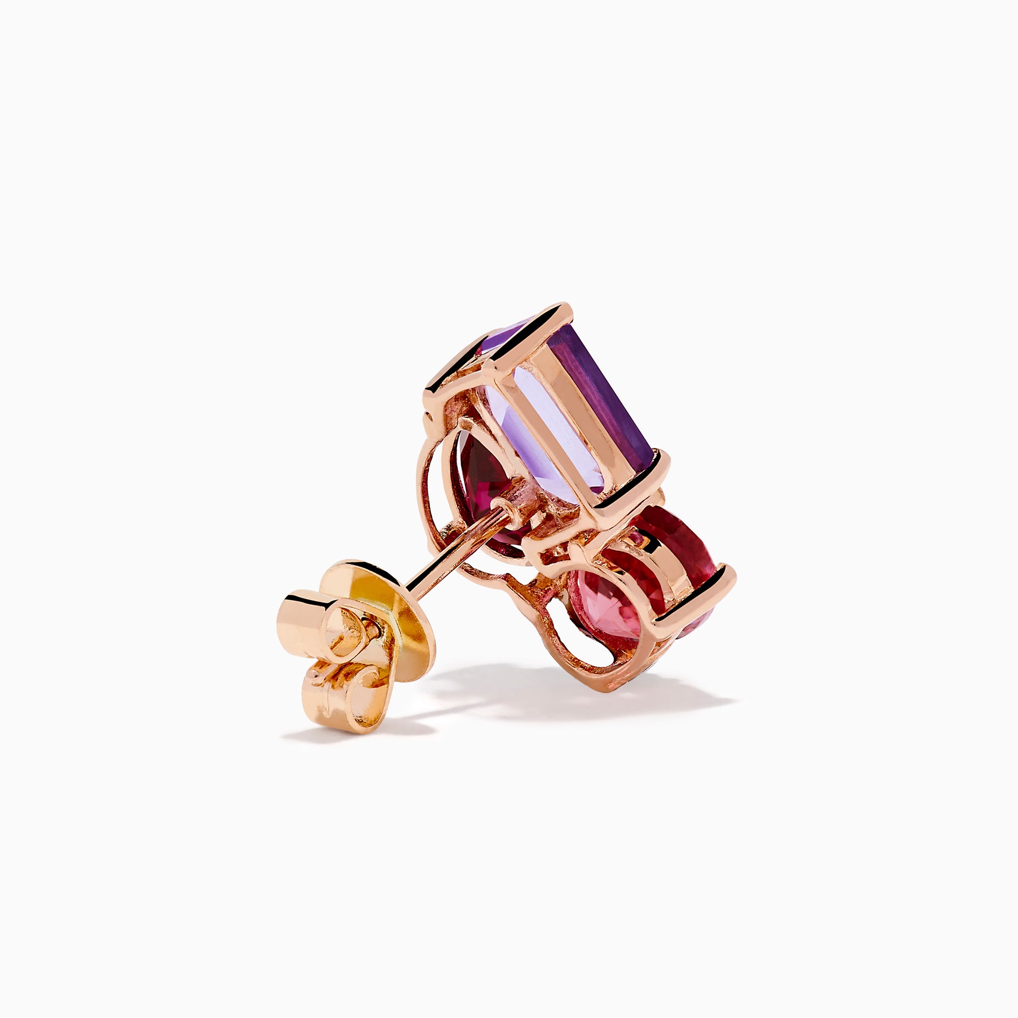 The 14K Rose Gold Pink Amethyst, Tourmaline & Rhodolite Stud Earrings feature rectangular pink amethysts, oval tourmalines, and teardrop rhodolites set in gold prongs in an elegant cluster design.