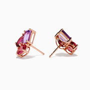 The 14K Rose Gold Pink Amethyst, Tourmaline & Rhodolite Stud Earrings feature rectangular pink amethysts, oval tourmalines, and teardrop rhodolites set in gold prongs in an elegant cluster design.