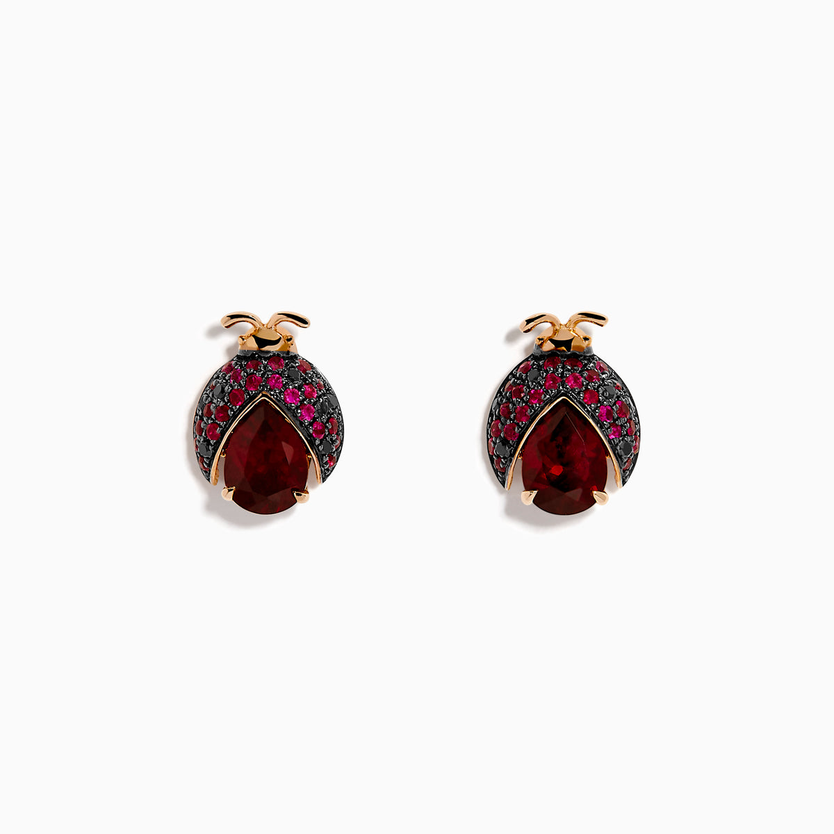 14K Rose Gold Rhodolite, Ruby and Black Diamond Ladybug Earrings