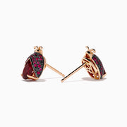 14K Rose Gold Rhodolite, Ruby and Black Diamond Ladybug Earrings