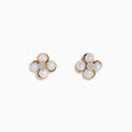 The 14K Pink Gold Fresh Water Pearl and Diamond Earrings feature four white pearl petals outlined in pink gold, with sparkling diamonds at the center, displayed against a plain white background.