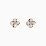 The 14K Pink Gold Fresh Water Pearl and Diamond Earrings feature four white pearl petals outlined in pink gold, with sparkling diamonds at the center, displayed against a plain white background.