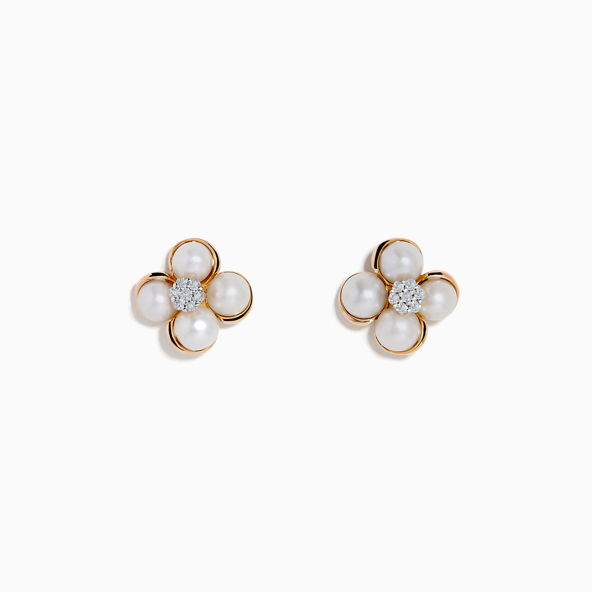 The 14K Pink Gold Fresh Water Pearl and Diamond Earrings feature four white pearl petals outlined in pink gold, with sparkling diamonds at the center, displayed against a plain white background.