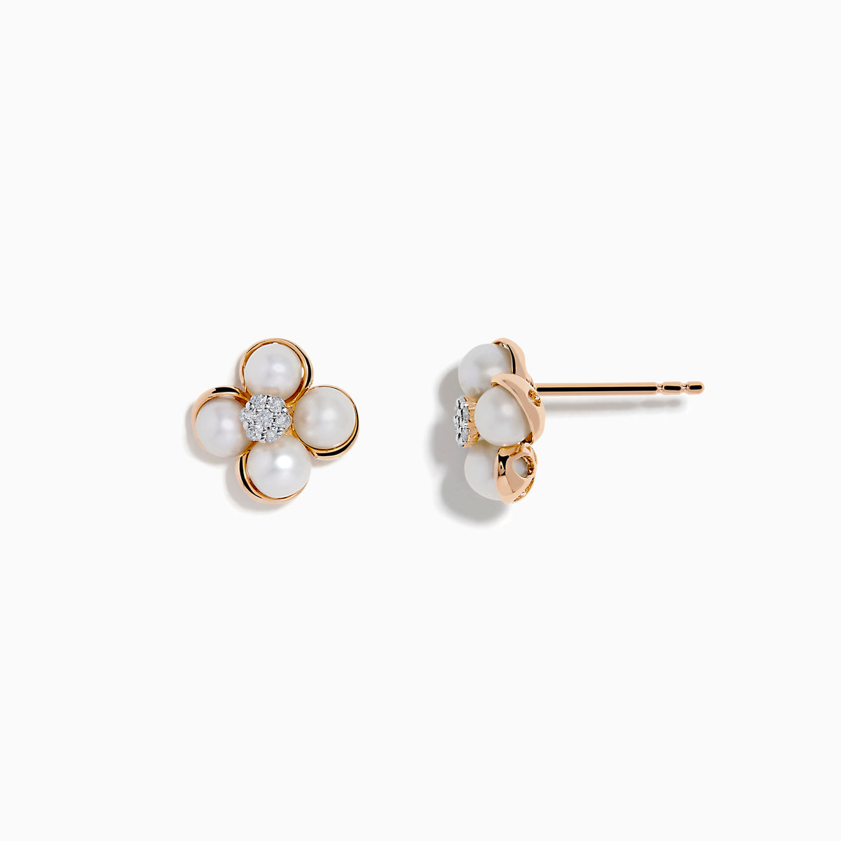 The 14K Pink Gold Fresh Water Pearl and Diamond Earrings feature four white pearl petals outlined in pink gold, with sparkling diamonds at the center, displayed against a plain white background.