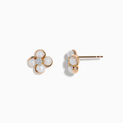 The 14K Pink Gold Fresh Water Pearl and Diamond Earrings feature four white pearl petals outlined in pink gold, with sparkling diamonds at the center, displayed against a plain white background.