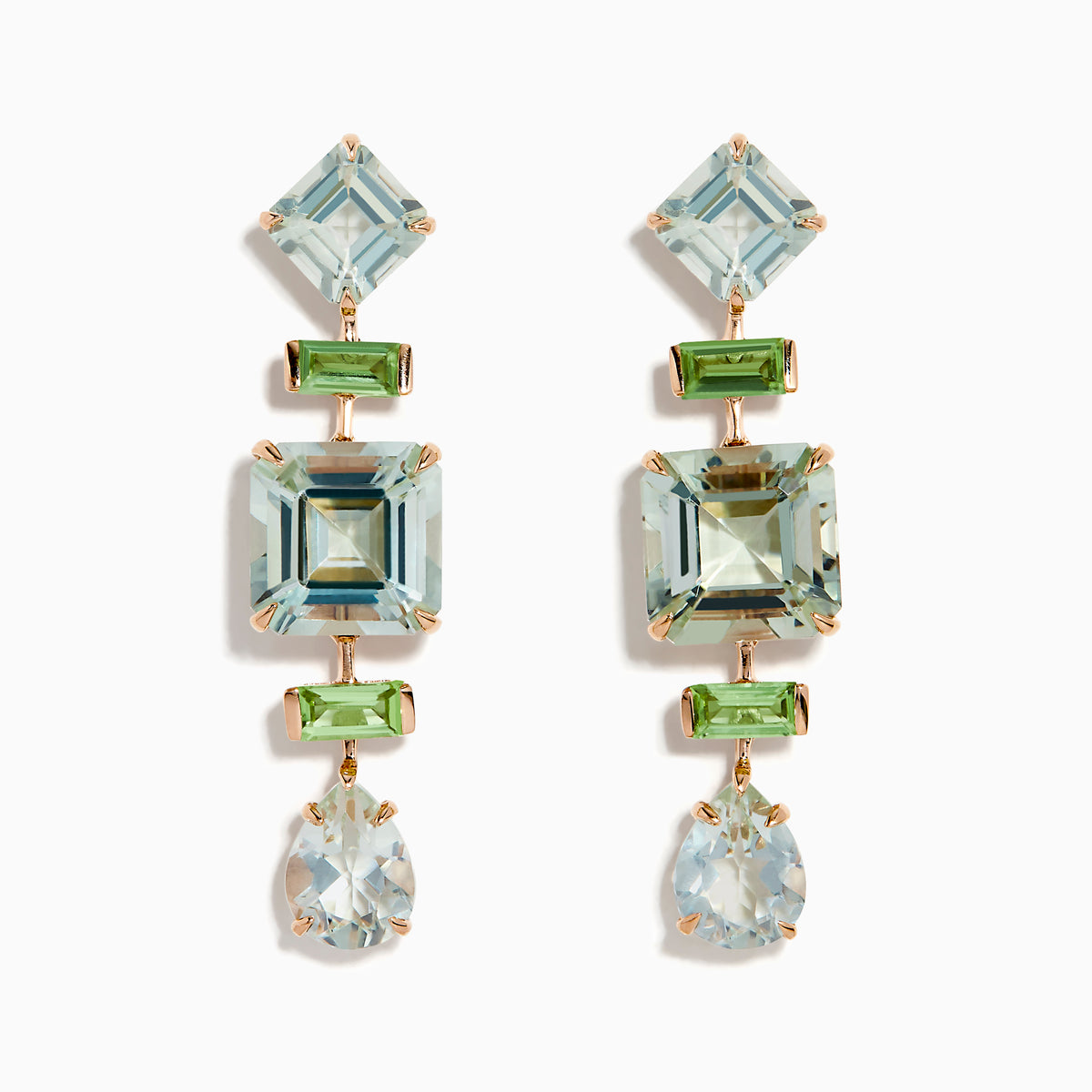 These 14K rose gold earrings feature square, rectangular, and teardrop-shaped green amethyst and peridot gemstones in light blue and green.