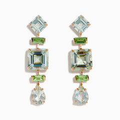 These 14K rose gold earrings feature square, rectangular, and teardrop-shaped green amethyst and peridot gemstones in light blue and green.
