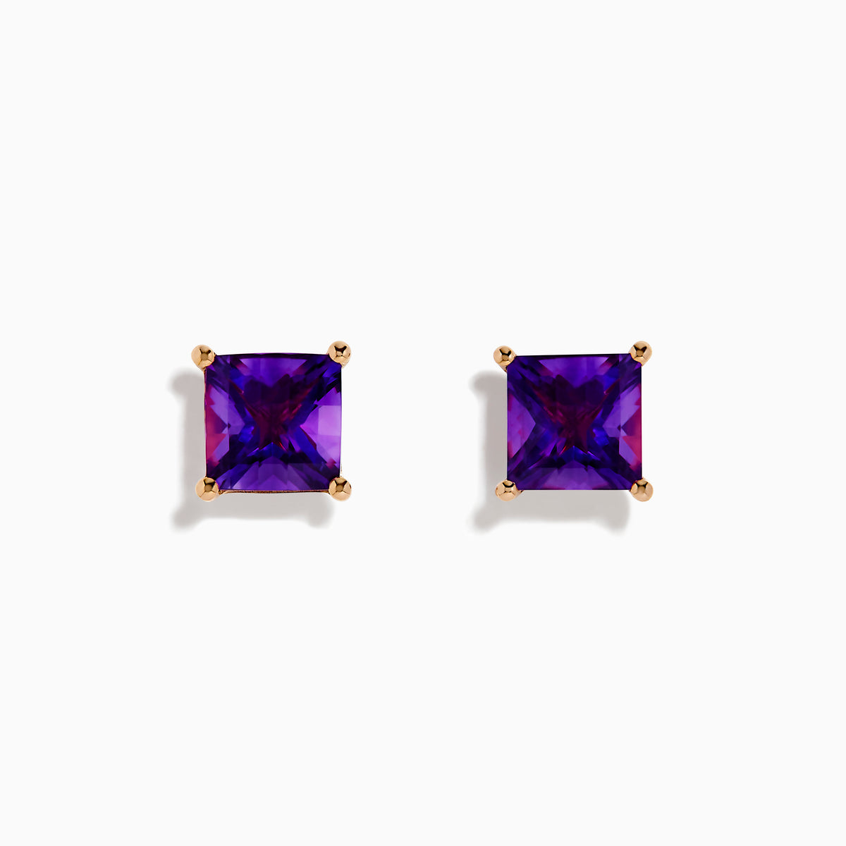 14K Rose Gold Amethyst Stud Earrings featuring square-cut stones in prong settings, shown on a white background.